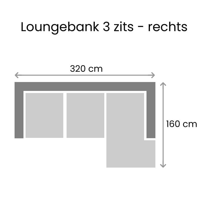3 Zits Loungebank Astrid - Afmetingen Rechts